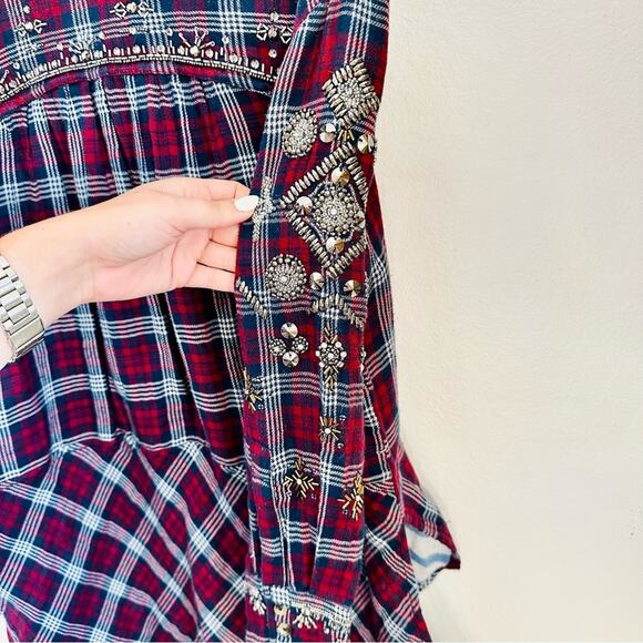 FP FREE PEOPLE Silver Sequin Bead Oversized Red Flannel Plaid Button Shirt XS - Picture 14 of 16